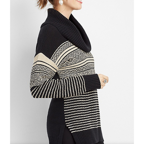 Maurices Cowl Neck Tunic Sweater XL Chunky Thick Warm Geometric Black Tan Soft - Picture 2 of 10